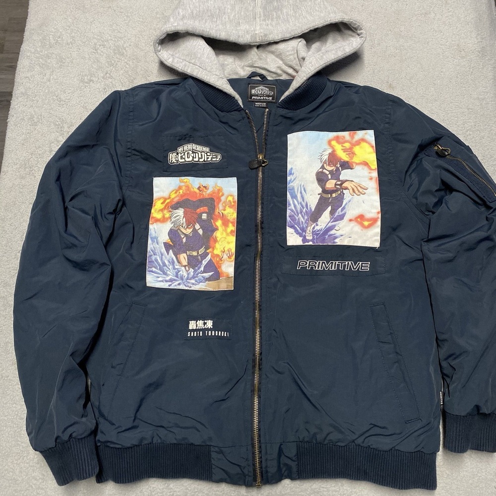 Primitive x My Hero Academia Jacket Mens Medium Hooded Zip Bomber Shoto Todoroki